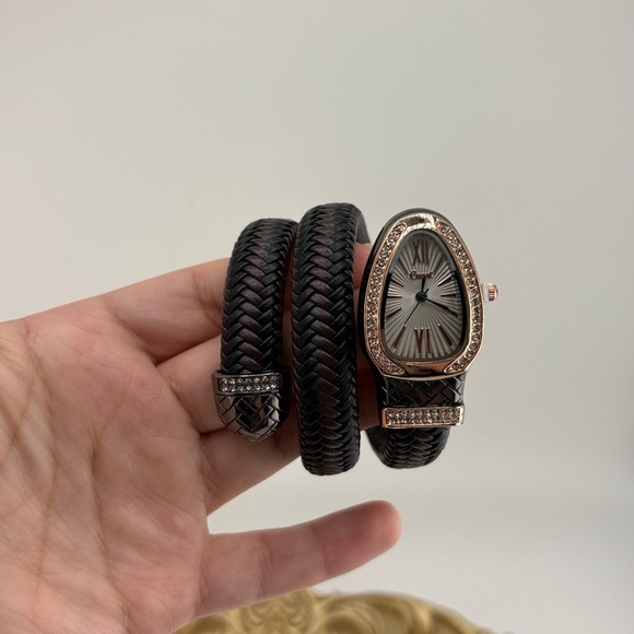 Serpenti Style Wrap Watch –Brown & Black Faux Leather Rose Gold Tone Silver Dial main image 10